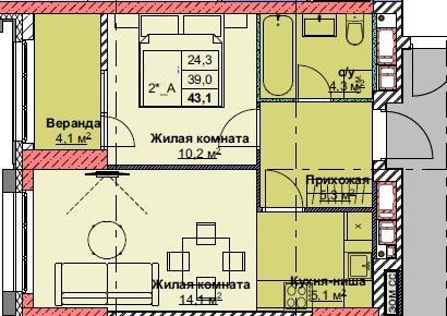 ЖК Каштановый двор, 2-комн кв 43,1 м2, за 10 128 500 ₽, 20 этаж